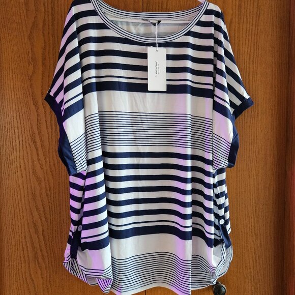 BloomChic Tops - NWT Bloomchic 26W Striped Stretchy Tee BLUE/WHITE Side Button Detailing